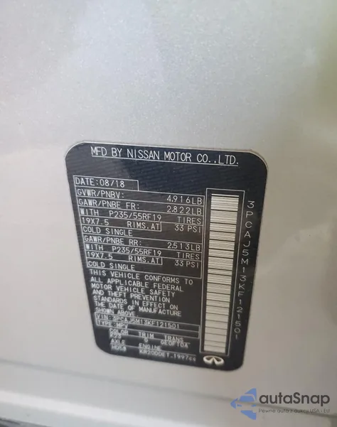 2019 Infiniti Qx50 Luxe z USA, uszkodzony, nr VIN 3PCAJ5M13KF121501